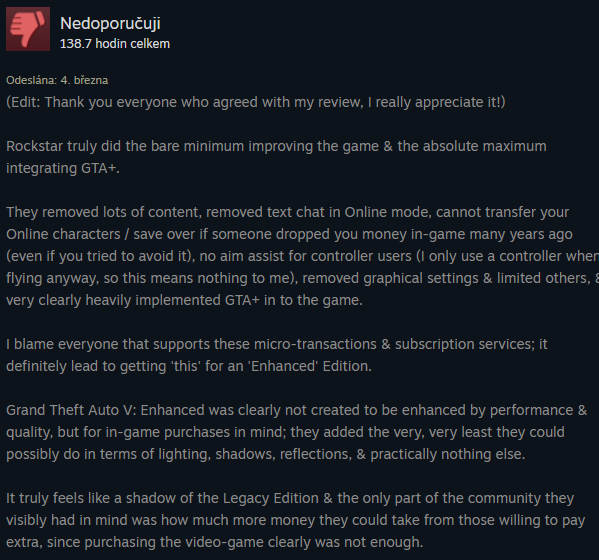 GTA 5 Enhanced - recenze na STEAMU