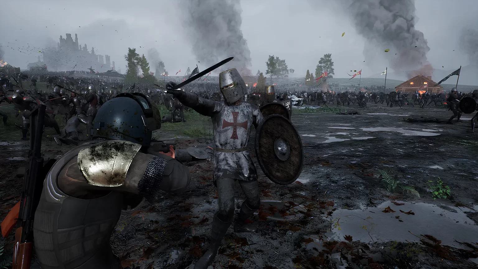 Ukázka ze hry Kingmakers: tank boří středověké hradby mezi rytíři