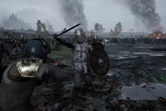 Ukázka ze hry Kingmakers: tank boří středověké hradby mezi rytíři