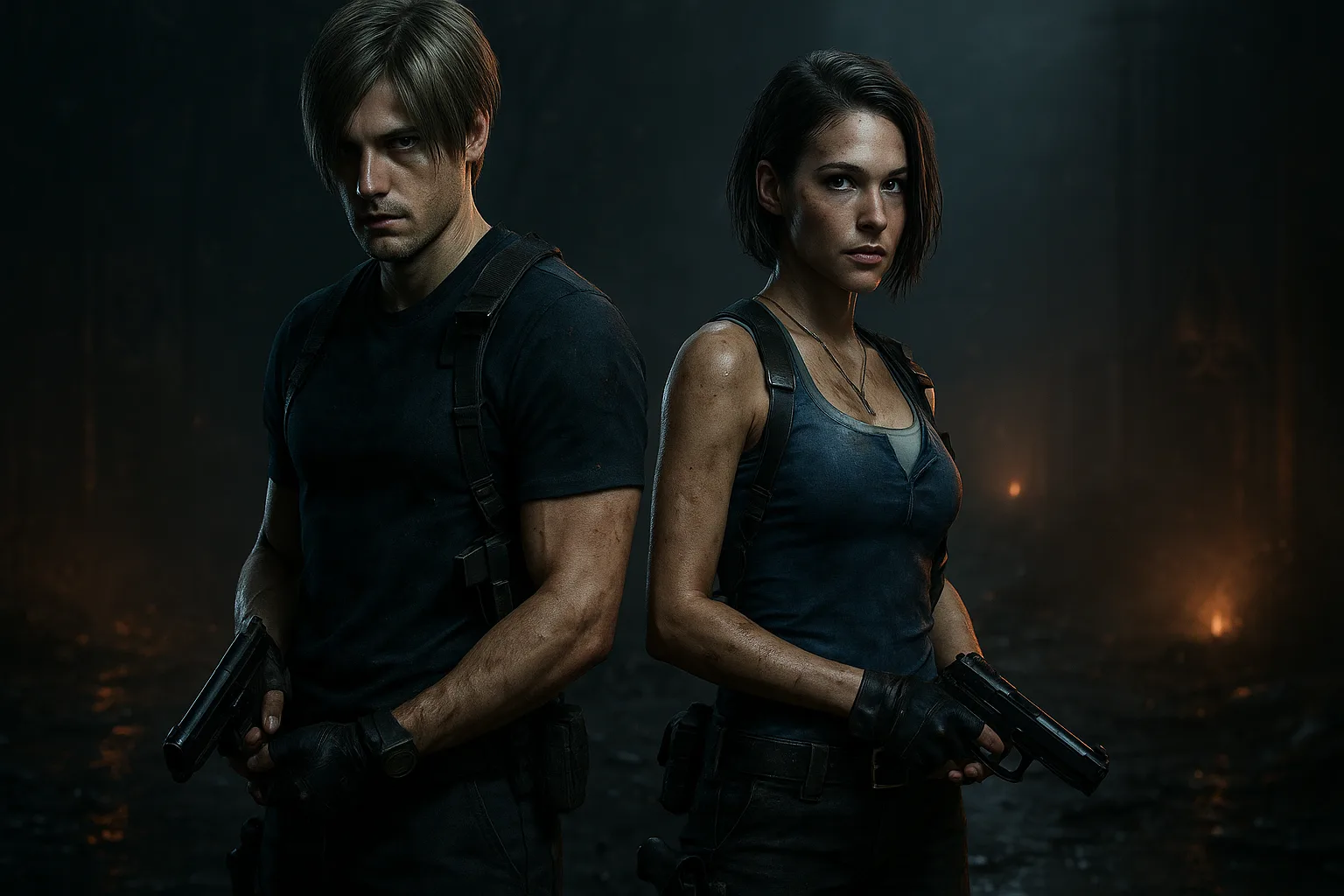 Leon S. Kennedy a Jill Valentine stojící vedle sebe na opuštěném ostrově ve hře Resident Evil 9